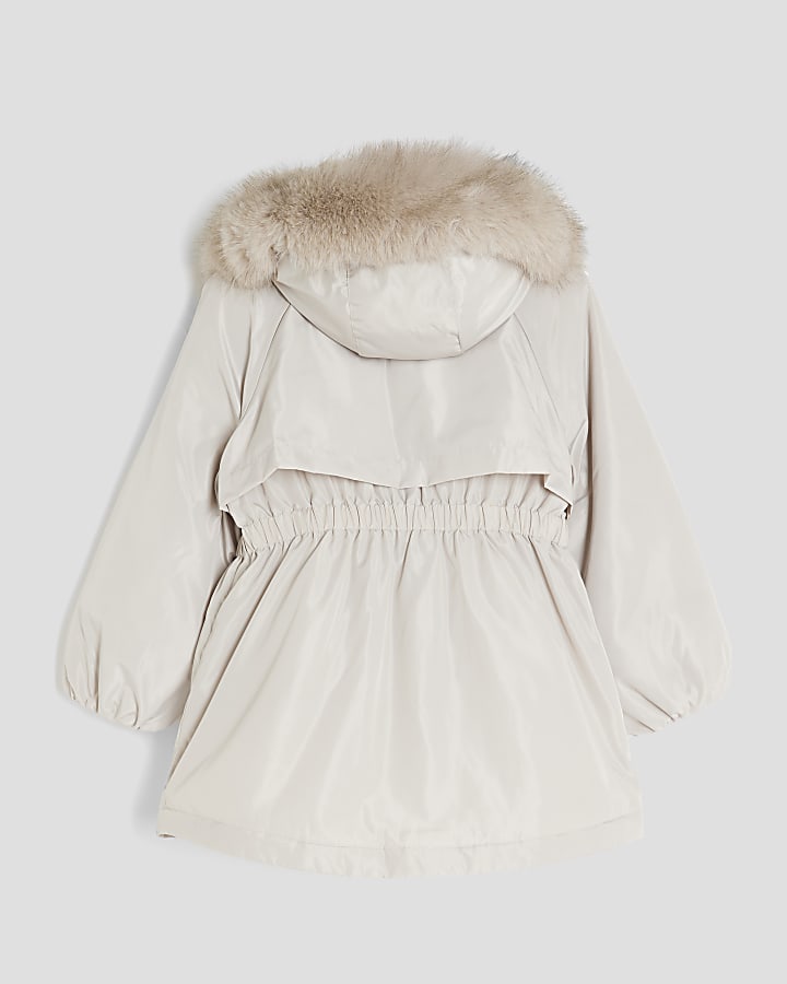 Girls Beige Faux Fur Hood Coat 