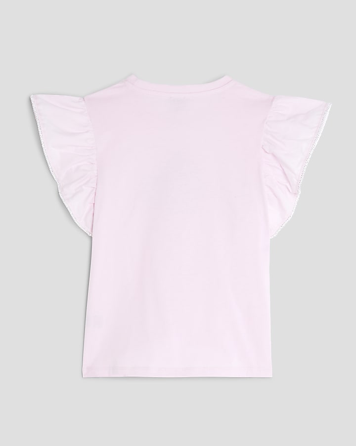 Girls Pink Frill Sleeve Cherry T-Shirt