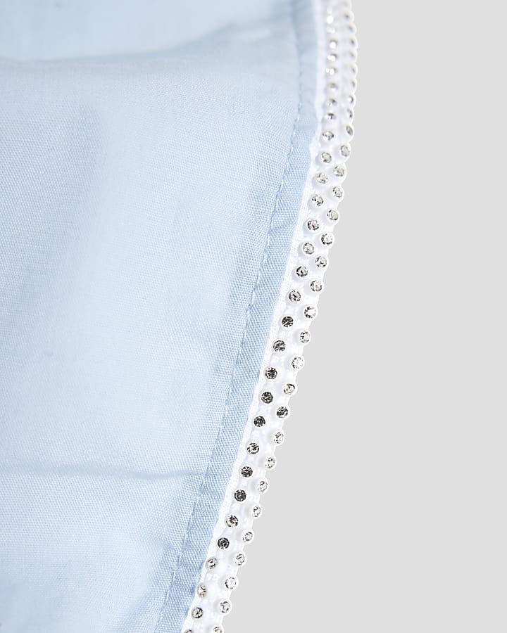 Girls Blue Frill Sleeve Embellished T-Shirt