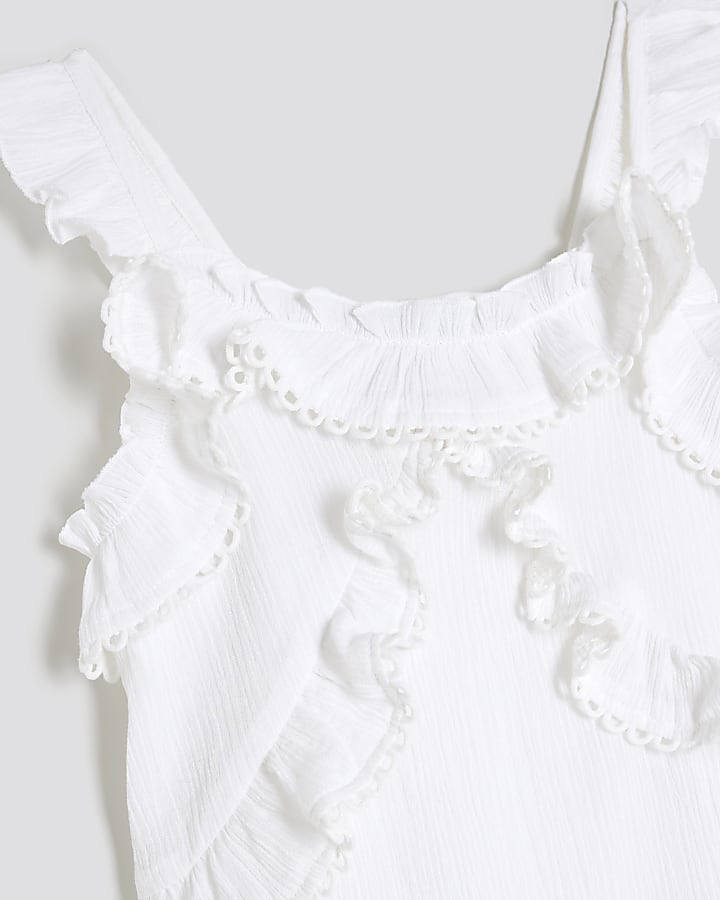 Girls White Tiered Lace Trim Frill Dress
