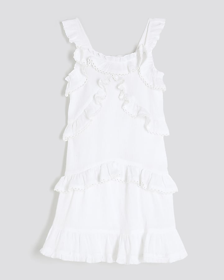 Girls White Tiered Lace Trim Frill Dress