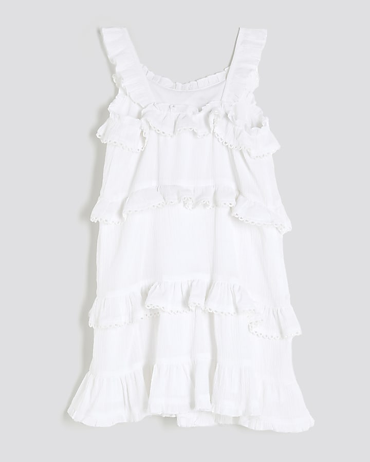 Girls White Tiered Lace Trim Frill Dress