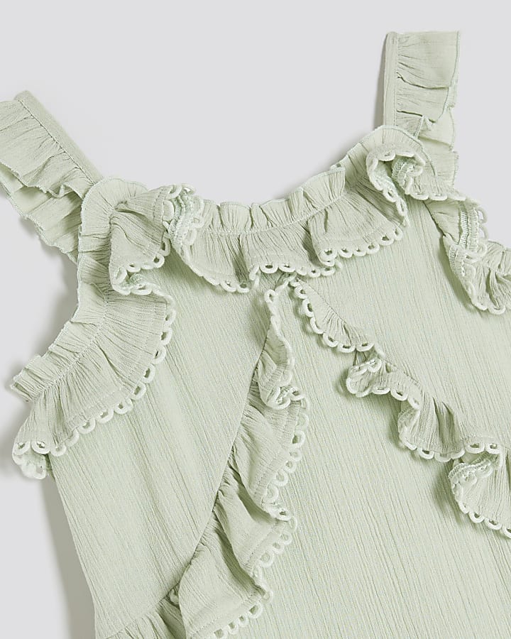 Girls Green Tiered Lace Trim Frill Dress