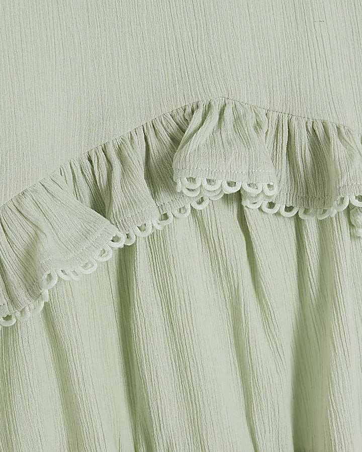 Girls Green Tiered Lace Trim Frill Dress