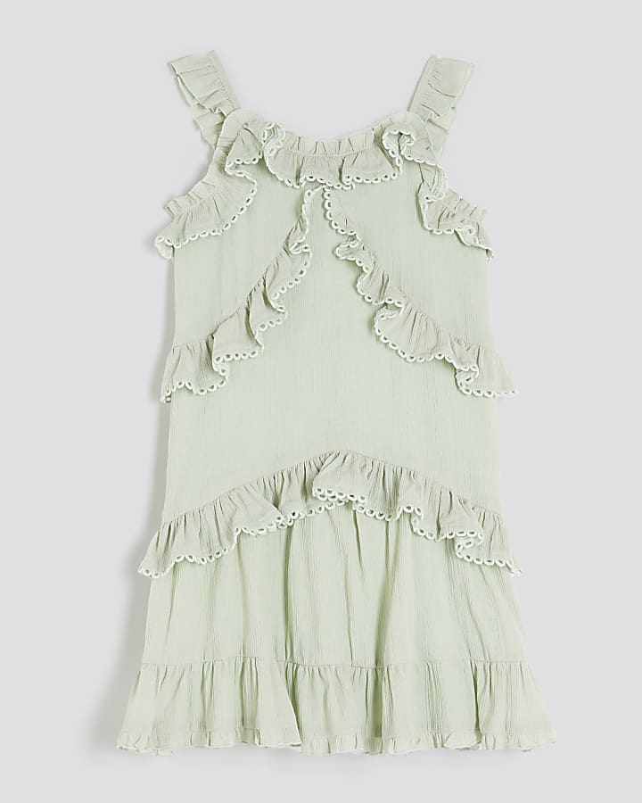 Girls Green Tiered Lace Trim Frill Dress