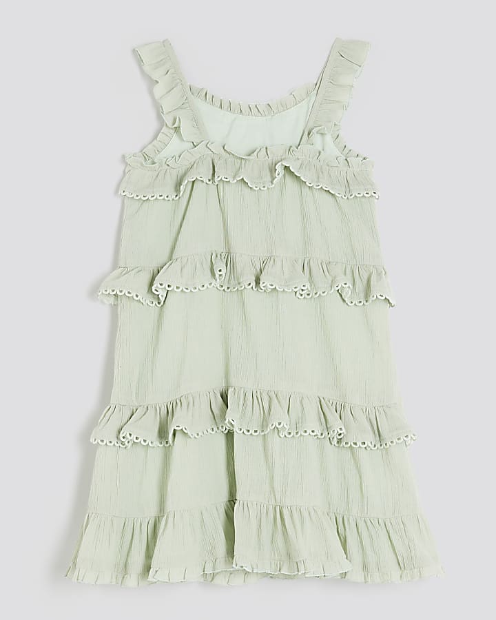 Girls Green Tiered Lace Trim Frill Dress