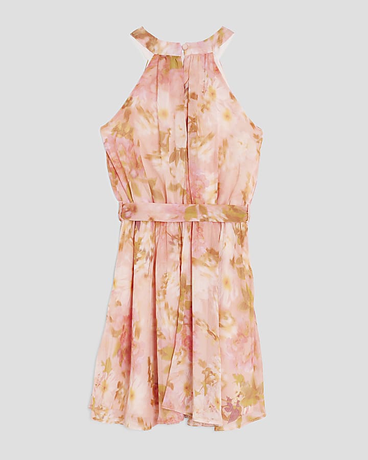 Girls Pink Halter Neck Floral Dress