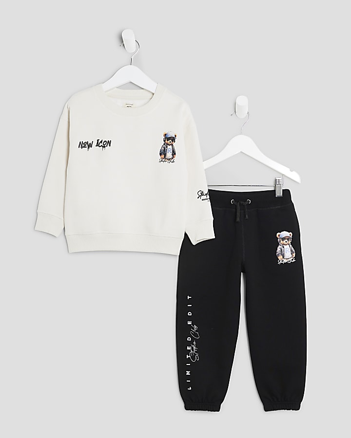Mini Boys Cream Graffiti Bear Sweatshirt Set