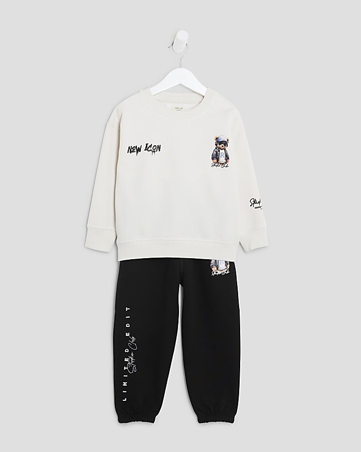 Mini Boys Cream Graffiti Bear Sweatshirt Set