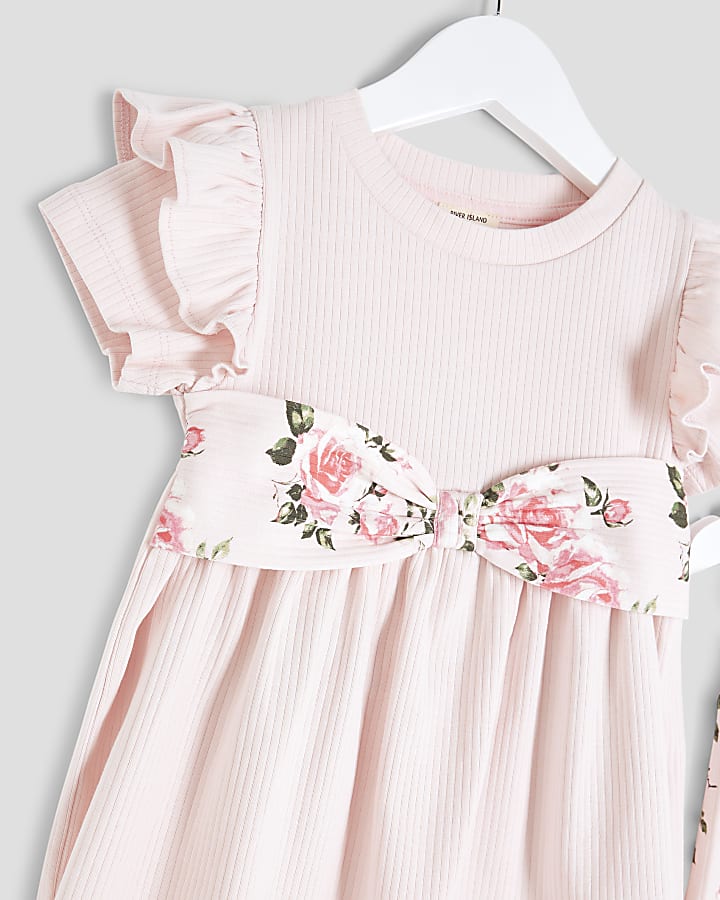 Mini Girls Pink Floral Bow Ribbed Top Set