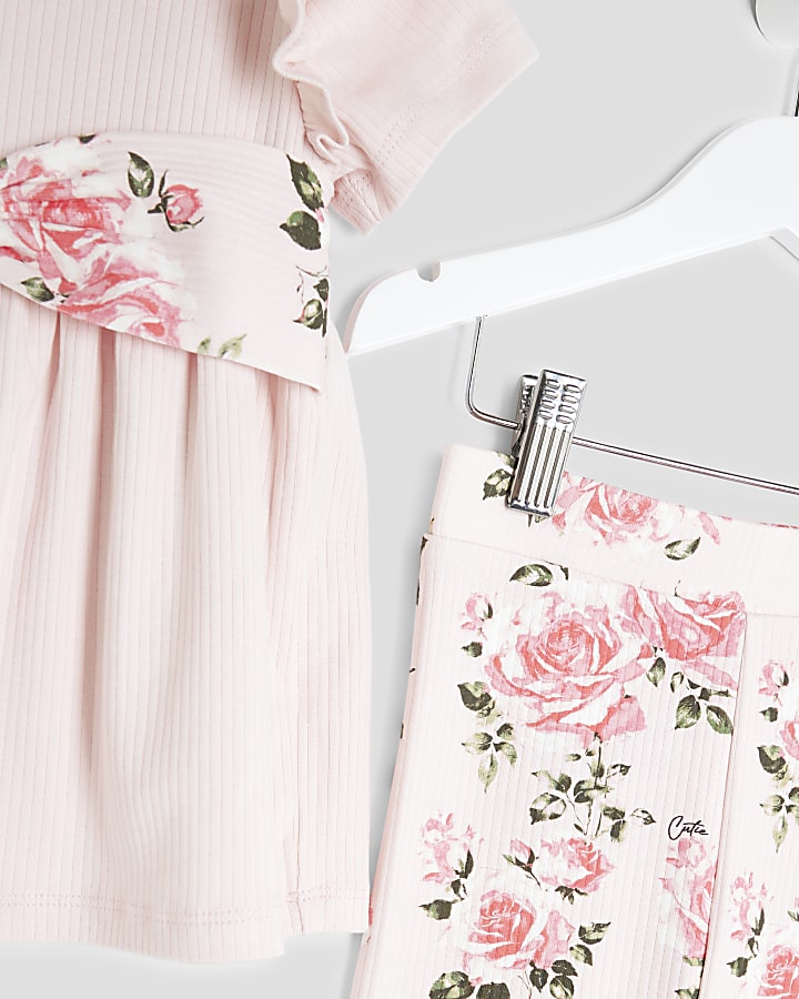 Mini Girls Pink Floral Bow Ribbed Top Set