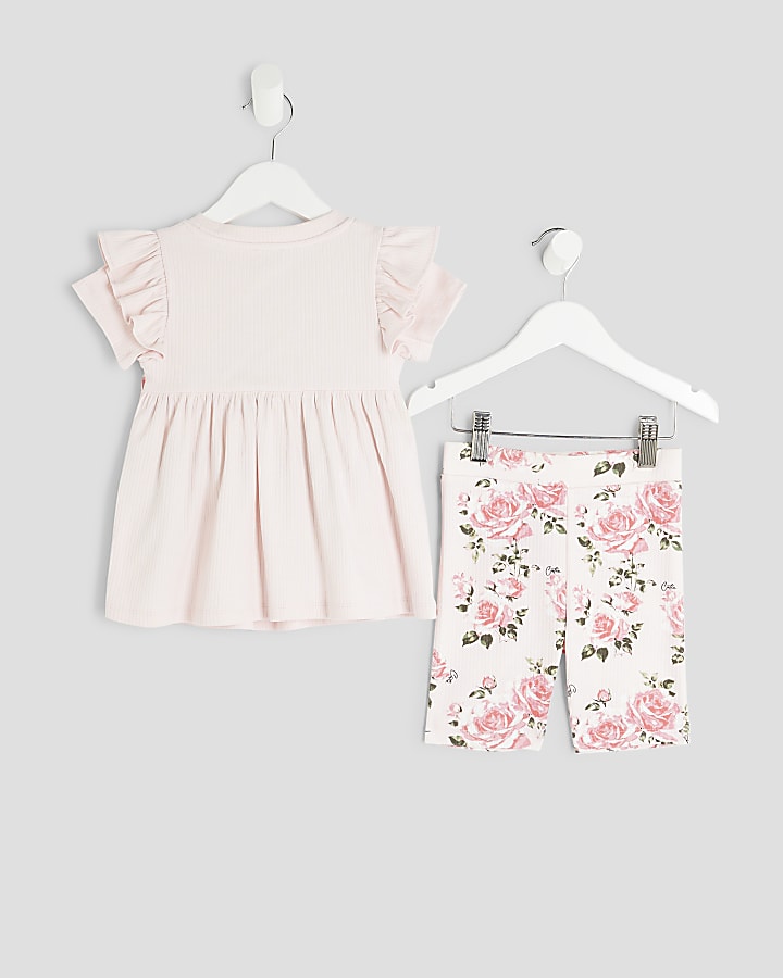 Mini Girls Pink Floral Bow Ribbed Top Set
