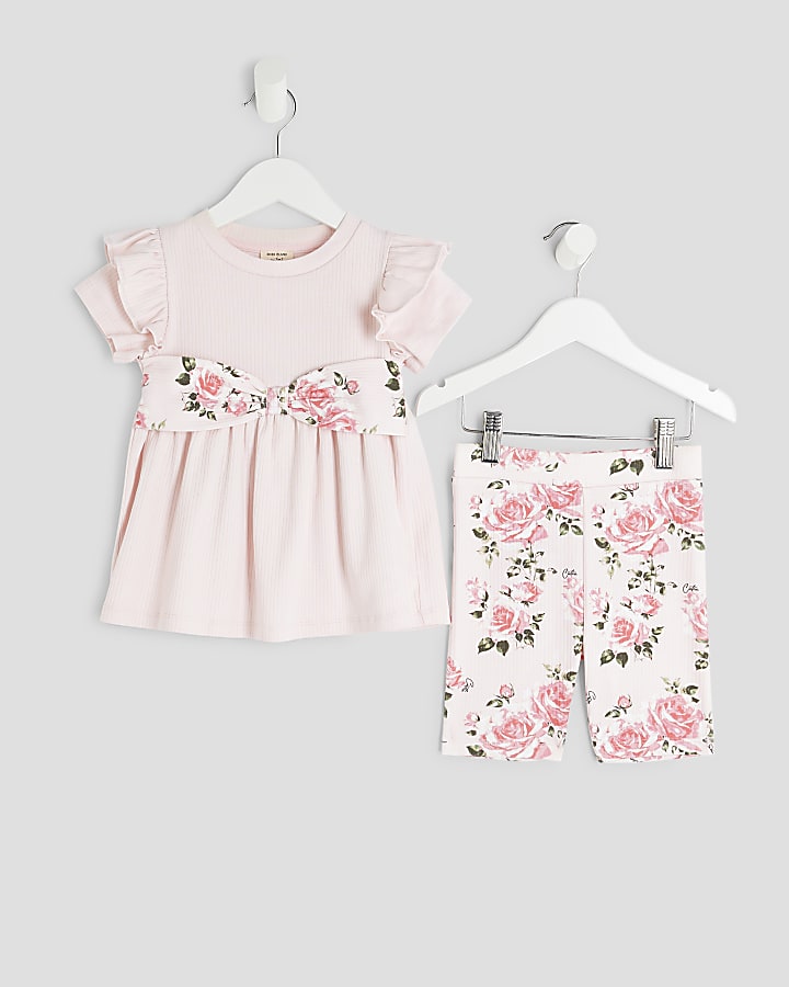 Mini Girls Pink Floral Bow Ribbed Top Set