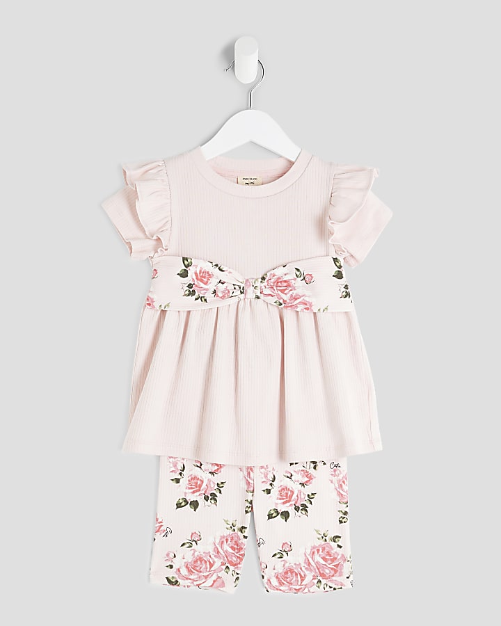 Mini Girls Pink Floral Bow Ribbed Top Set