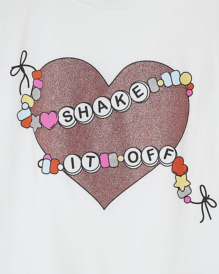 Girls White Glitter Heart Frill T-Shirt