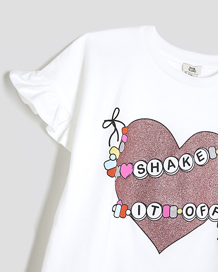 Girls White Glitter Heart Frill T-Shirt