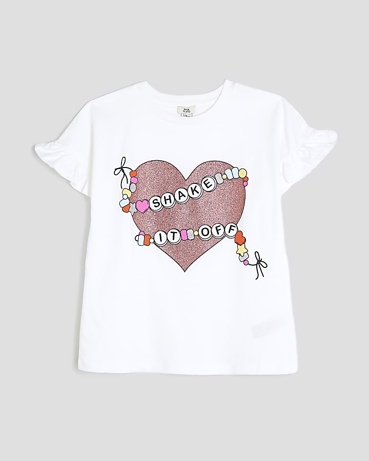 Girls White Glitter Heart Frill T-Shirt