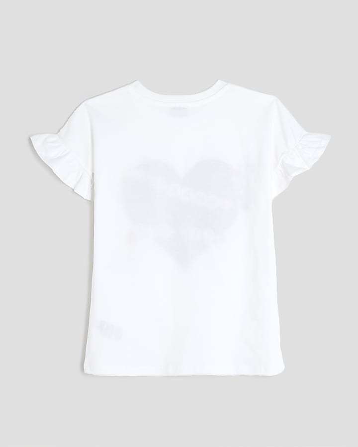 Girls White Glitter Heart Frill T-Shirt