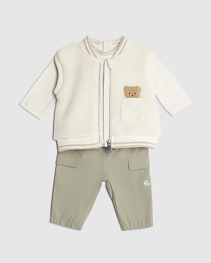 Baby Boys Ecru Bear Borg Gilet Set