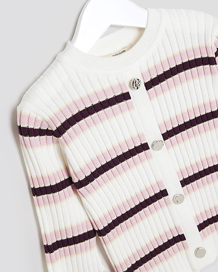 Mini Girls Cream Knitted Striped Cardigan