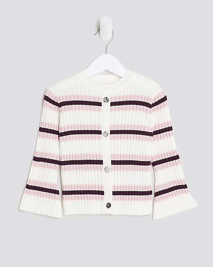 Mini Girls Cream Knitted Striped Cardigan