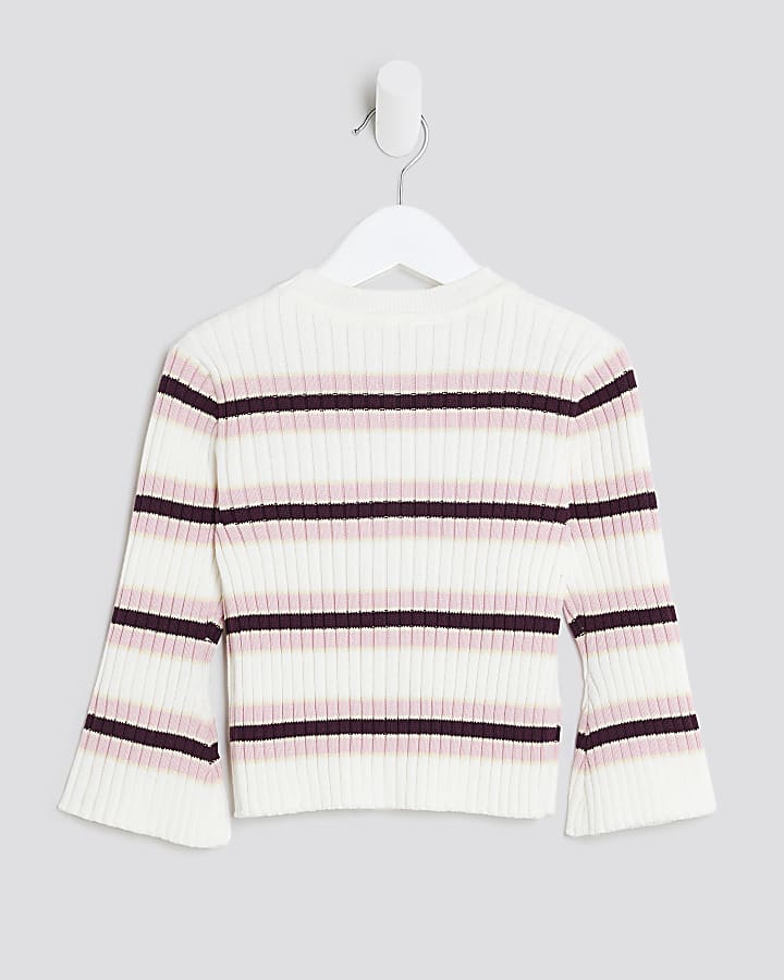 Mini Girls Cream Knitted Striped Cardigan