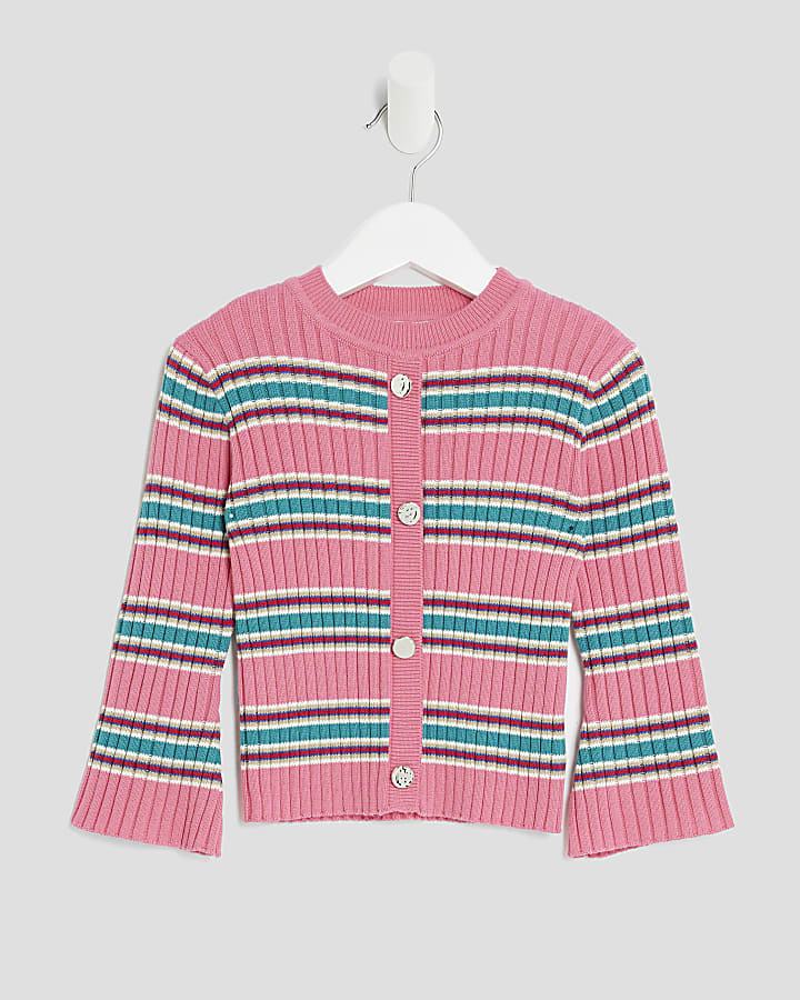 Mini Girls Pink Knitted Striped Cardigan