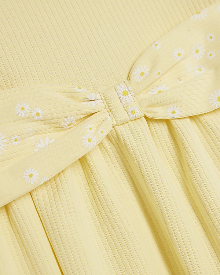 Mini Girls Yellow Daisy Bow Ribbed Top Set