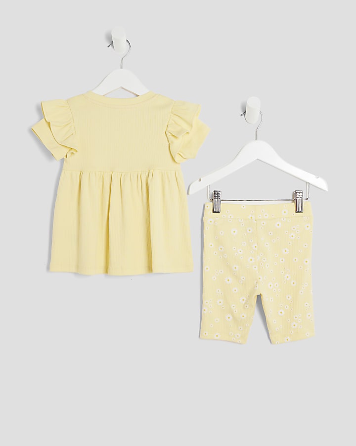 Mini Girls Yellow Daisy Bow Ribbed Top Set