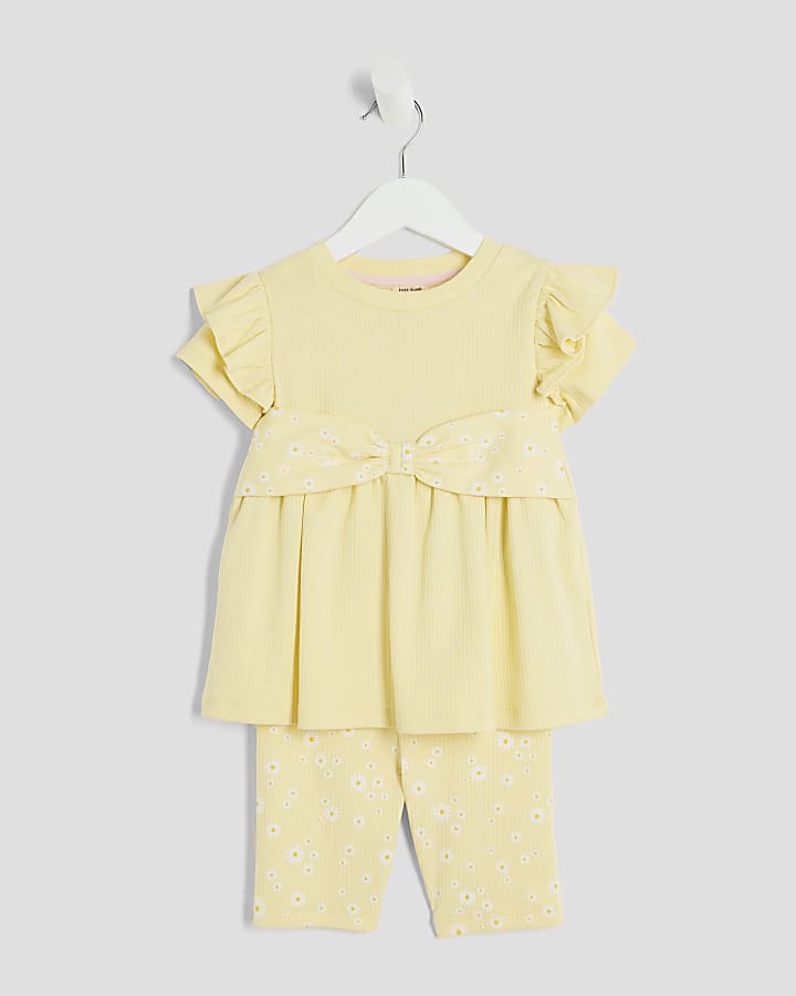 Mini Girls Yellow Daisy Bow Ribbed Top Set
