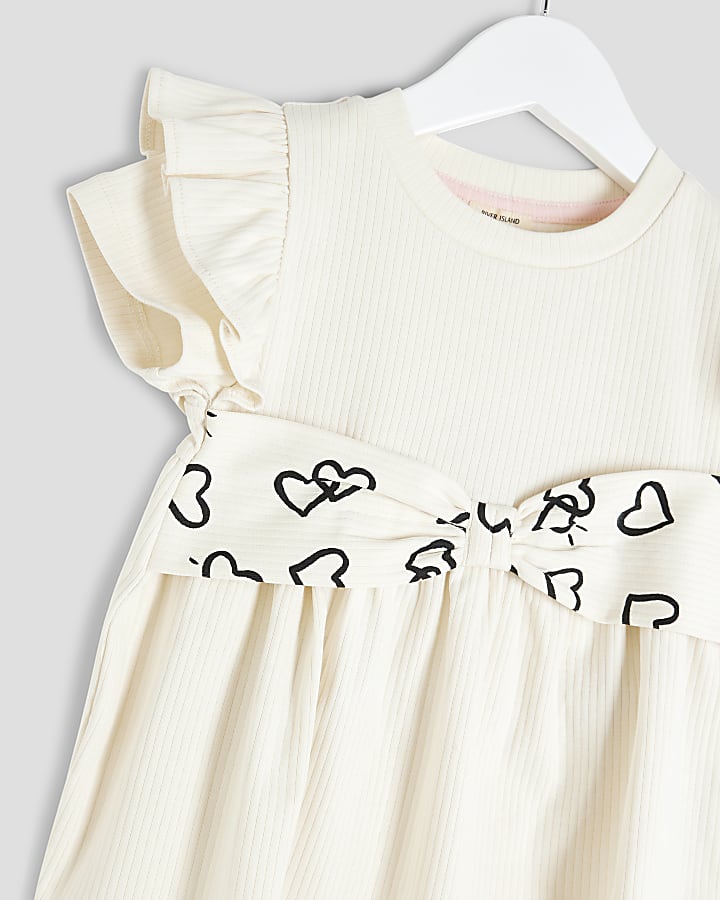 Mini Girls Cream Heart Bow Ribbed Top Set