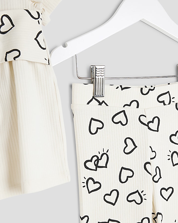 Mini Girls Cream Heart Bow Ribbed Top Set