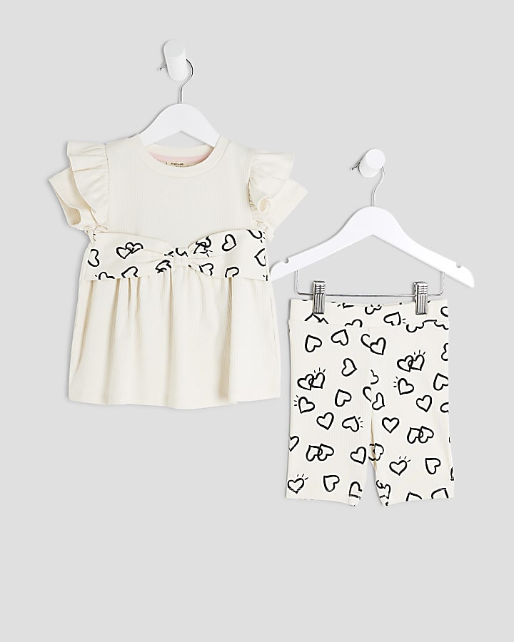 Mini Girls Cream Heart Bow Ribbed Top Set