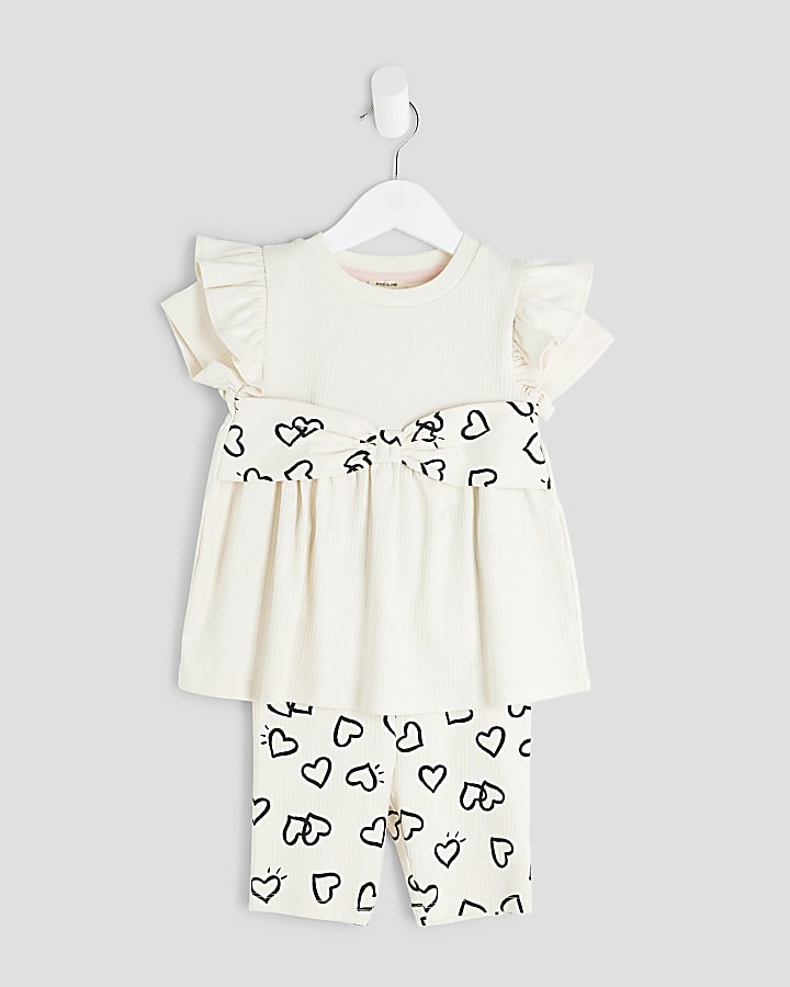 Mini Girls Cream Heart Bow Ribbed Top Set