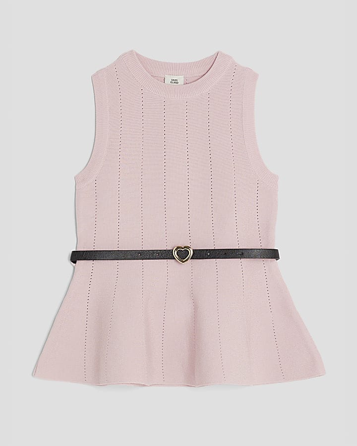 Girls Pink Belted Peplum Top