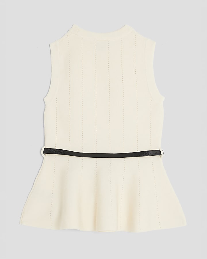 Girls Cream Belted Peplum Top