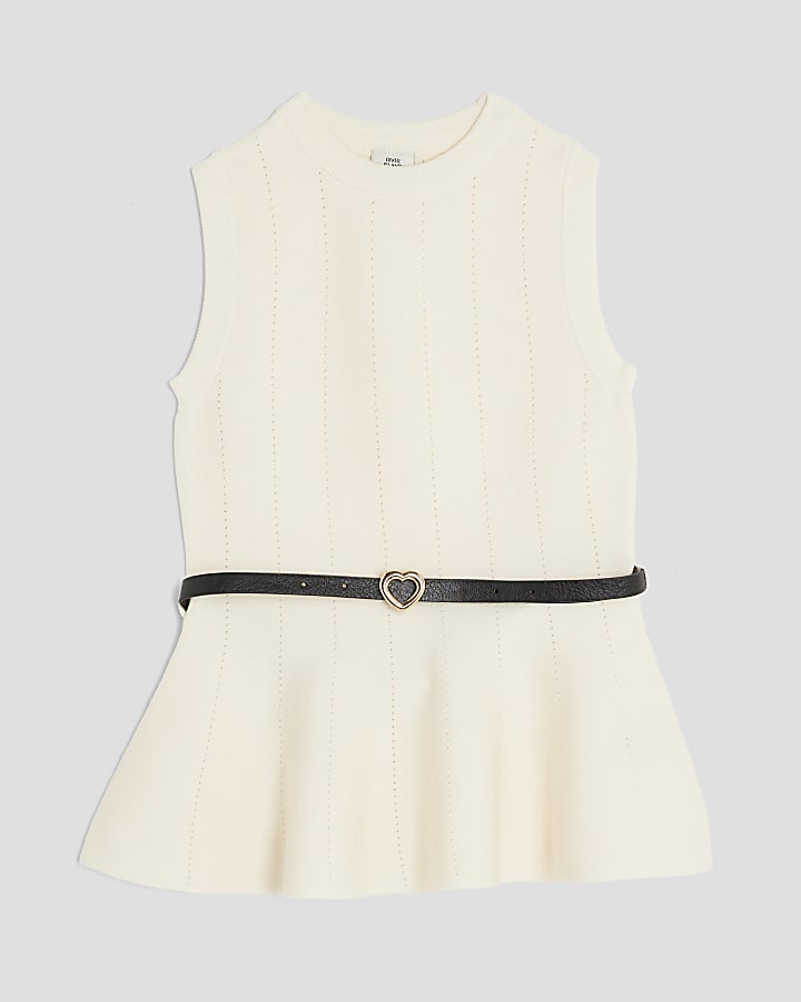 Girls Cream Belted Peplum Top