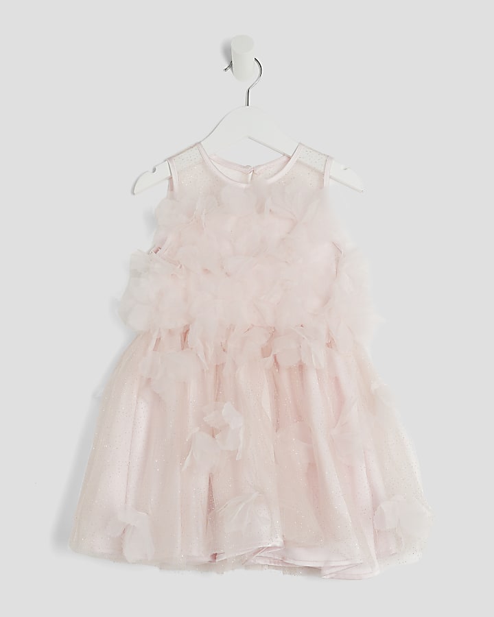 Mini Girls Pink 3D Floral Tulle Skater Dress