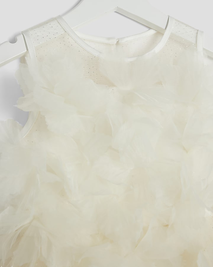 Mini Girls Cream 3D Floral Tulle Skater Dress