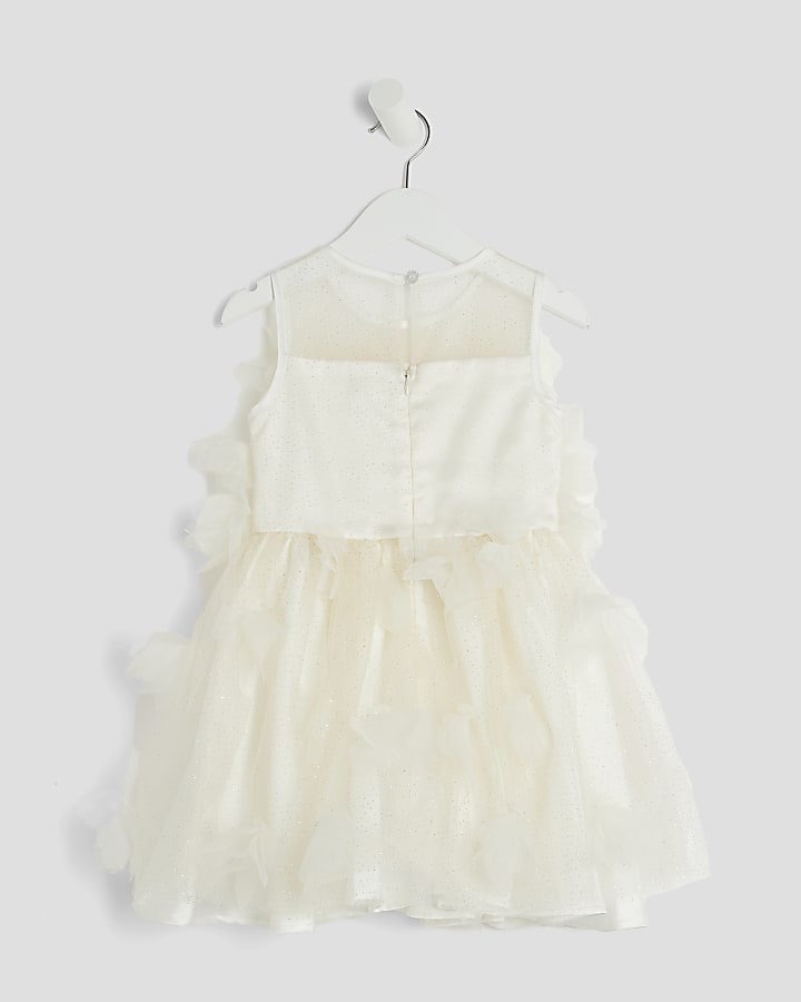 Mini Girls Cream 3D Floral Tulle Skater Dress