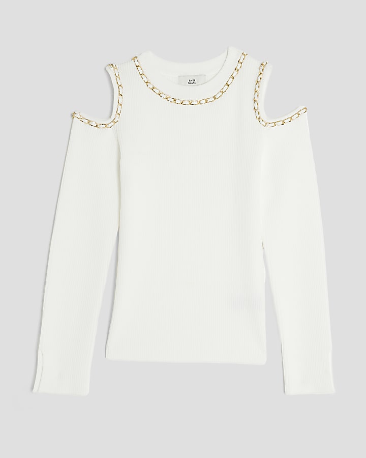 Girls Cream Chained Cut Out Top