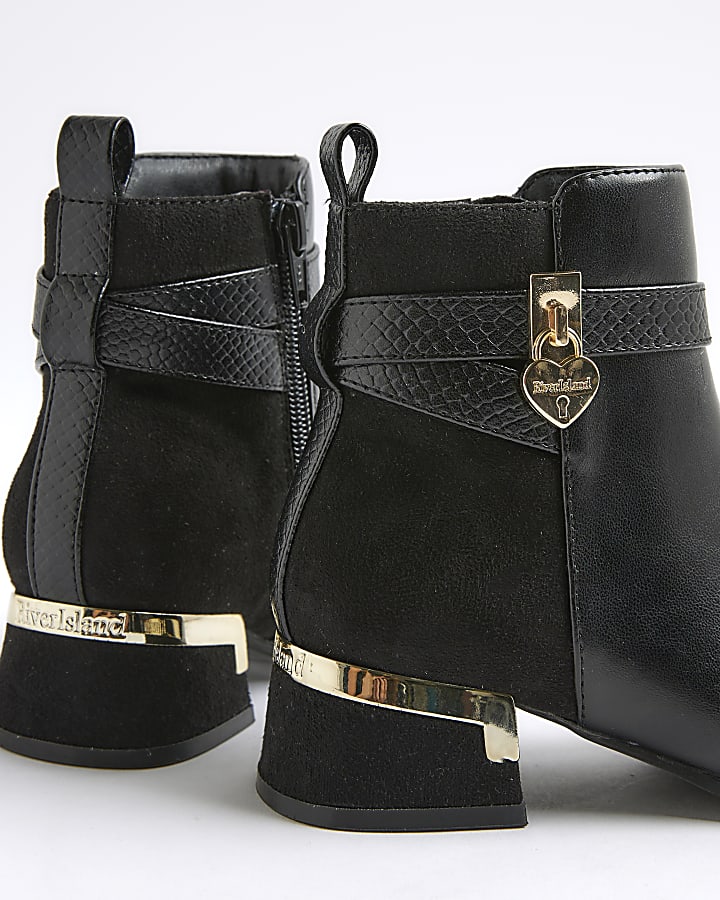 Girls Black Heart Lock Ankle Boots