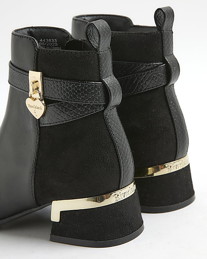 Girls Black Heart Lock Ankle Boots
