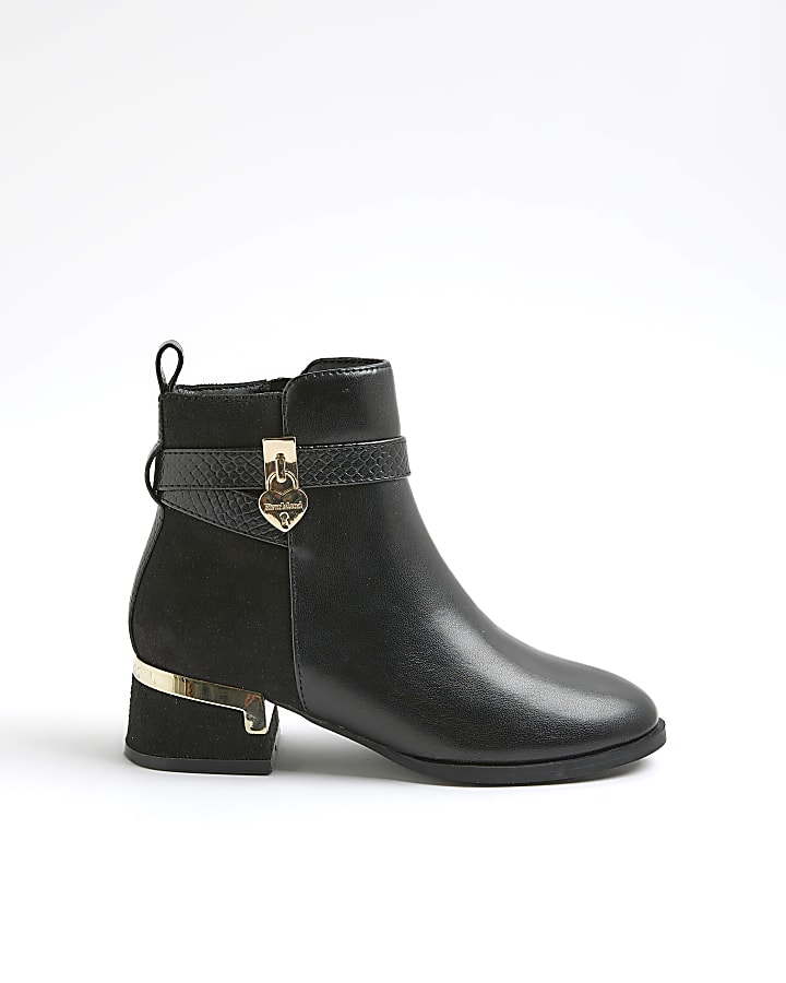 Girls Black Heart Lock Ankle Boots