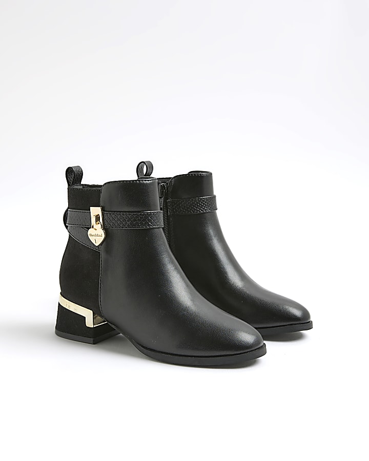 Girls Black Heart Lock Ankle Boots