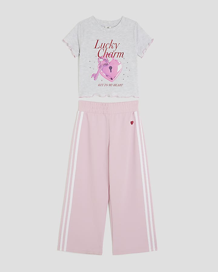 Girls Grey Bow T-Shirt & Tracksuit Pants Set