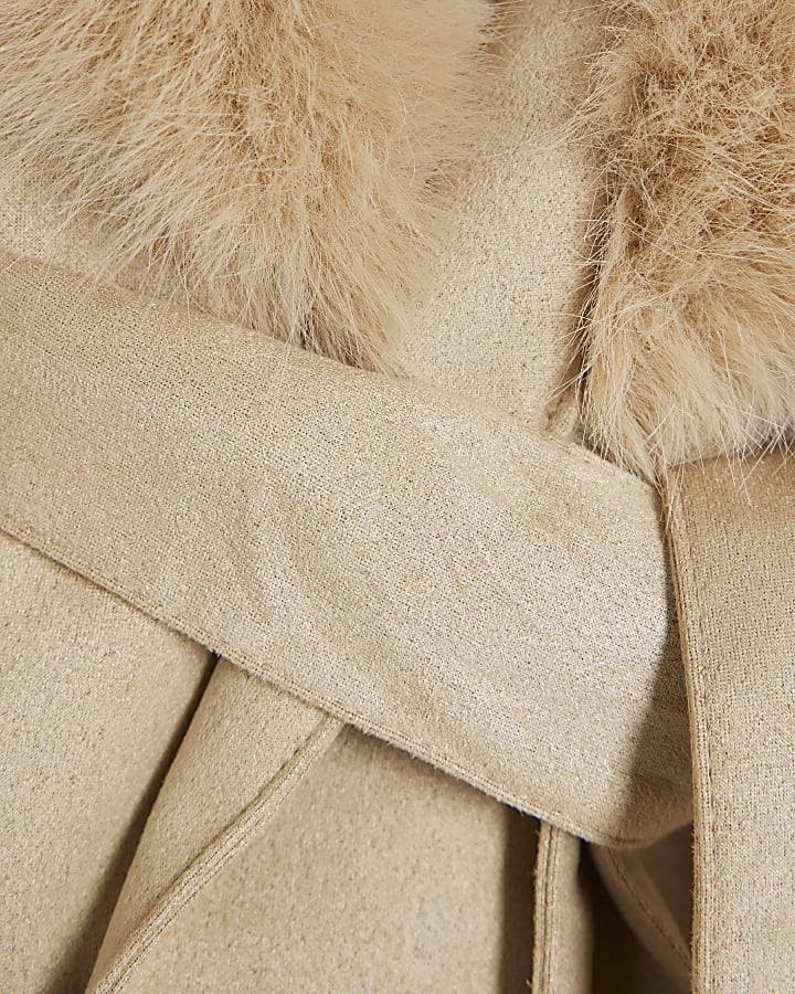 Mini Girls Beige Suedette Fur Wrap Coat