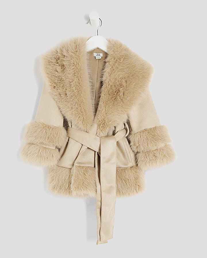 Mini Girls Beige Suedette Fur Wrap Coat