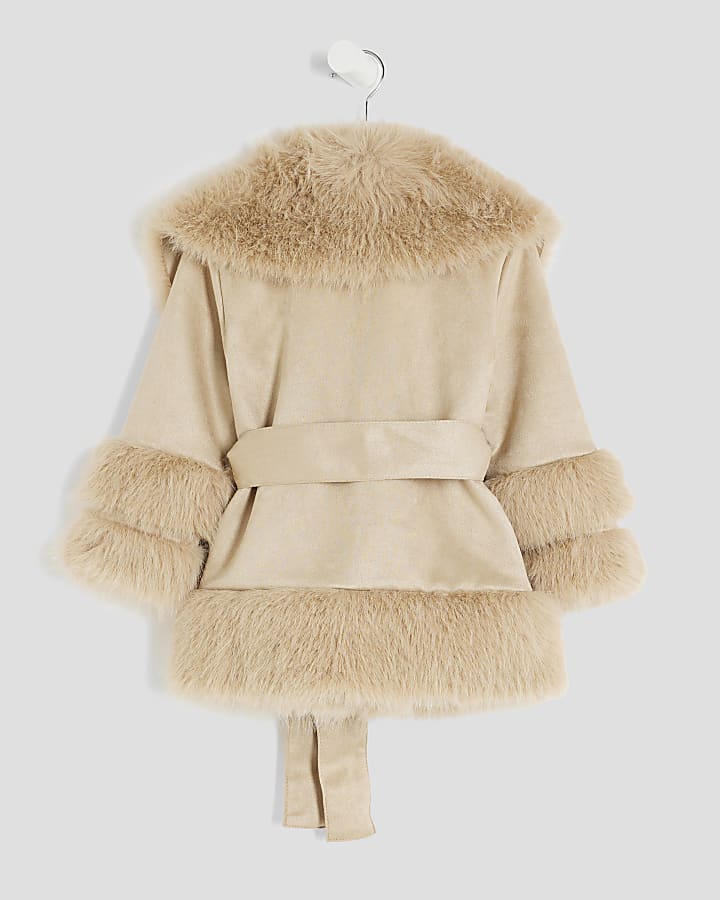 Mini Girls Beige Suedette Fur Wrap Coat