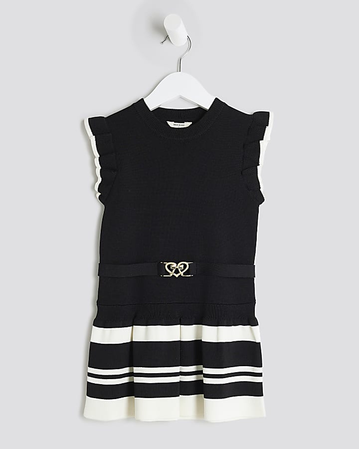 Mini Girls Black Belted Ruffle Hem Dress
